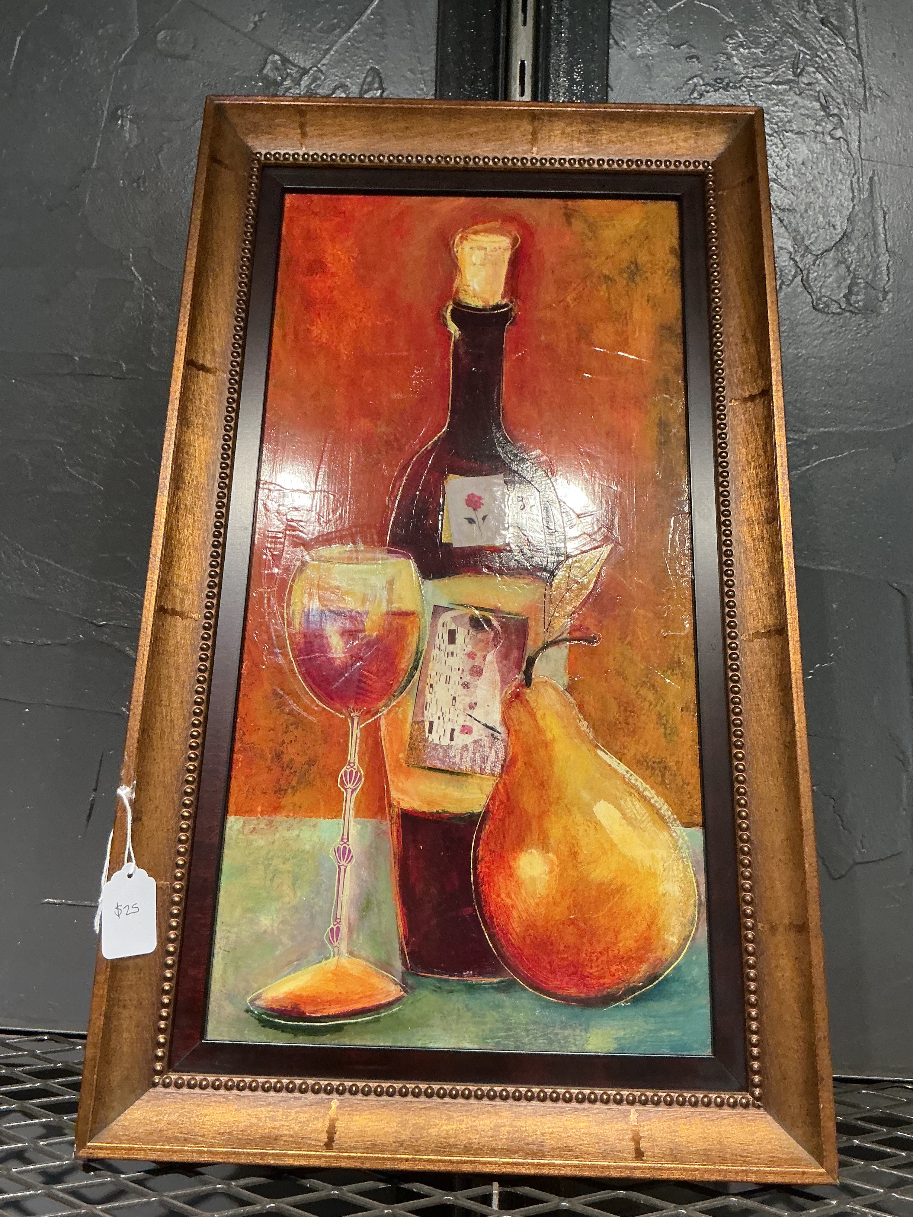 Framed wine and pear still life wall art