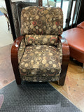 Contemporary upholstered, wood arm accent chair
