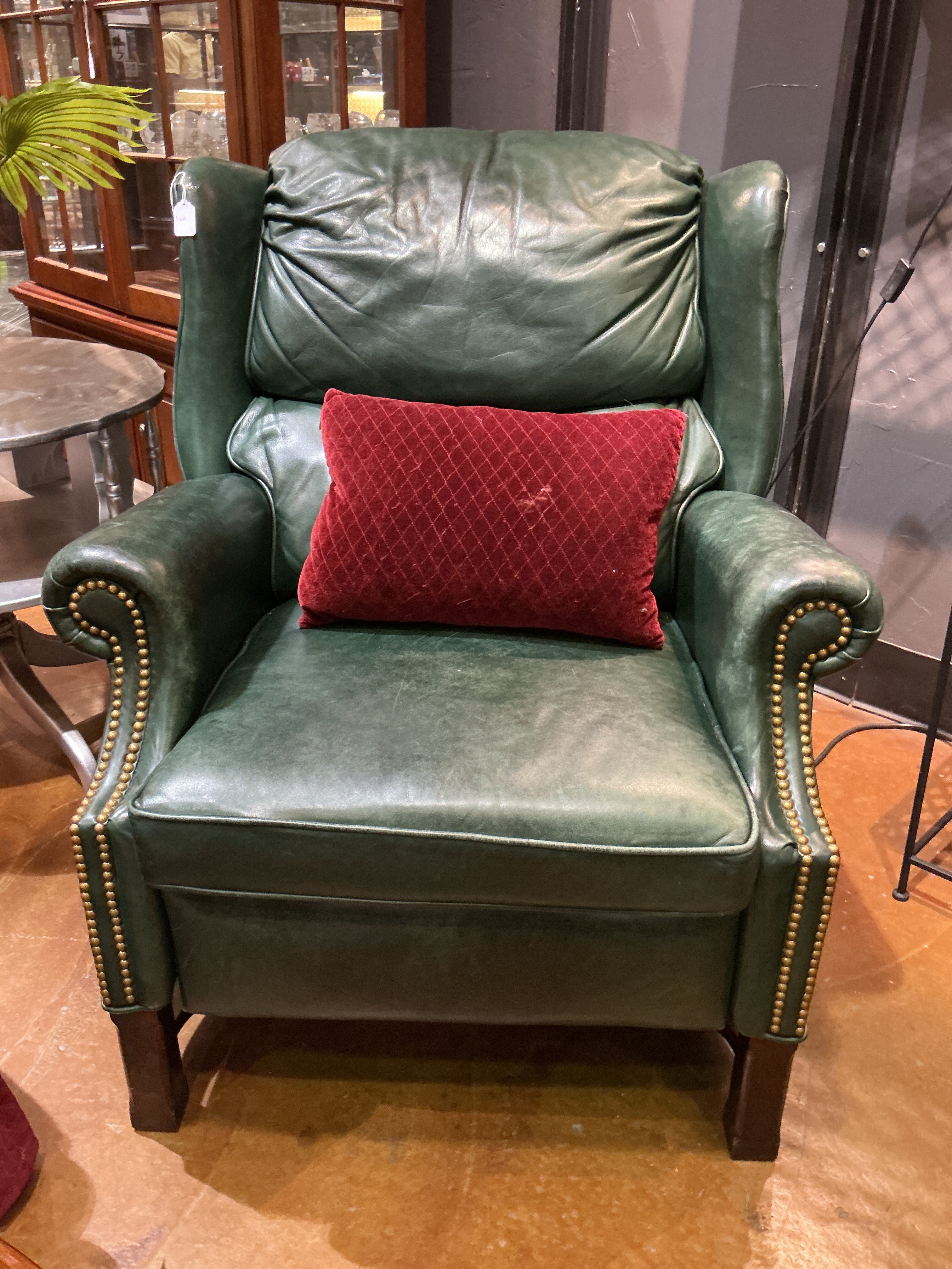 Traditional, green, leather nail head, accent lounge chair